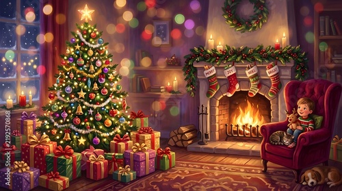 A cozy and enchanting christmas scene unfolds with a beautifully decorated tree a warm fireplace and the promise of joyful moments shared with