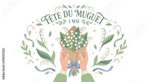 Fête du Muguet vintage banner with hands holding a lily of the valley bouquet