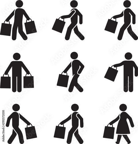 Silhouettes of people carrying shopping bags on a white background