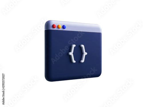 3D browser window icon with code brackets symbol isolated on a white background