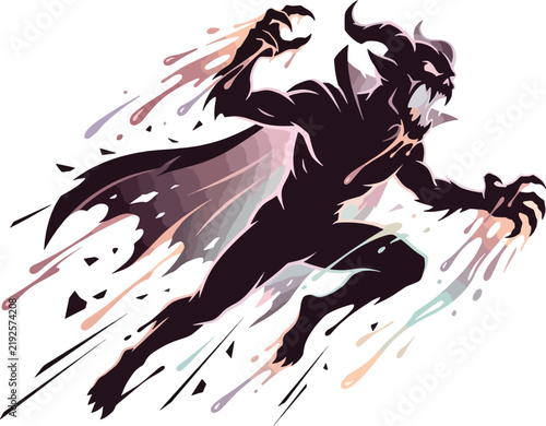 Dynamic Horned Demon Shadow Silhouette Illustration with Fluid Splashes