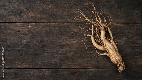 Whole ginseng root with delicate rootlets on dark weathered wooden planks from above