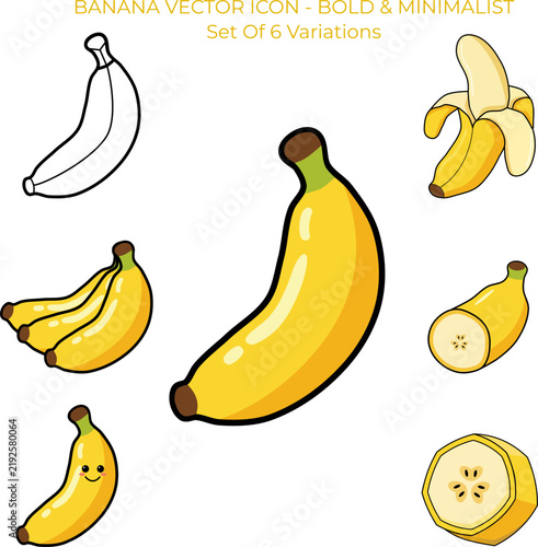 Banana vector icon set, bold line minimalist flat style, banana variations whole, peeled, bunch, slice, kawaii character and outline artboard.