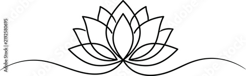 Minimalist lotus flower line art, elegant zen lily floral vector illustration, black outline blooming water lily for yoga and wellness branding