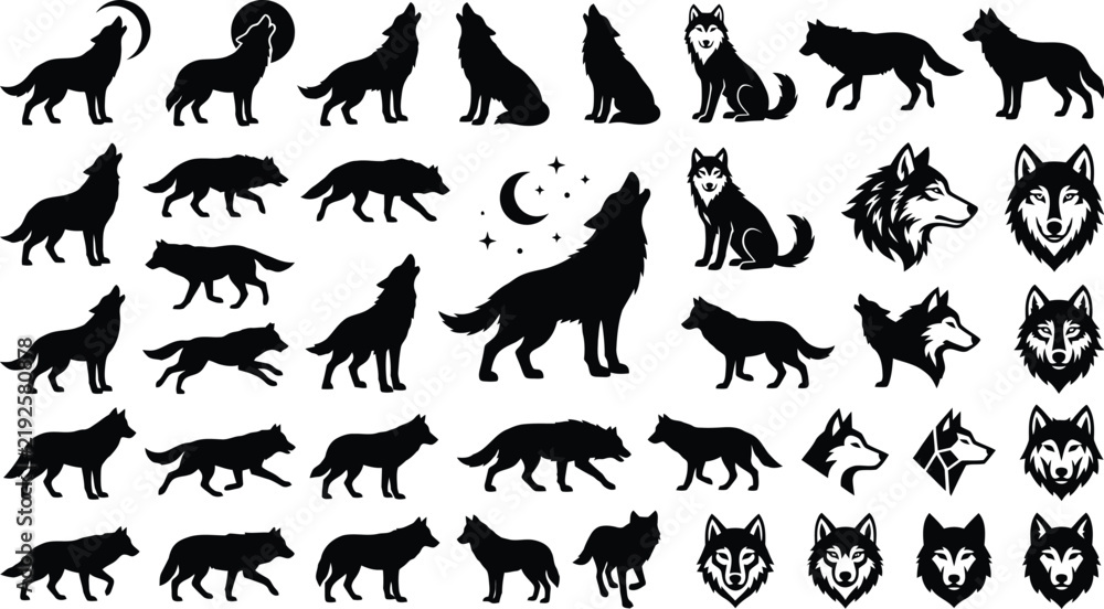 Obraz premium Wolf silhouette vector icons set, howling wild animal silhouettes with moon and stars, black timber wolf head and body shapes for logos and outdoor branding