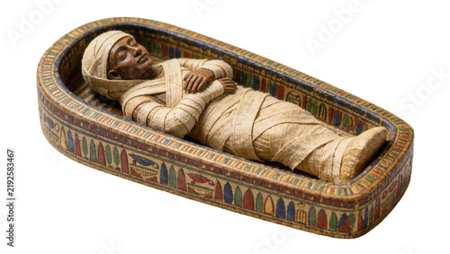 Foto Ancient Egyptian mummy wrapped in linen bandages, lying in a sarcophagus isolate