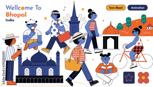 Welcome To Bhopal India: Flat People & Landmarks, Travel & Culture Illustration