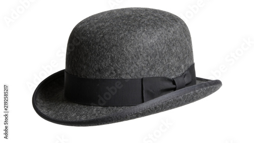 Fotografie Grey felt bowler hat with black ribbon band, isolated on transparent background