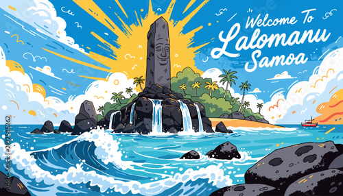 Welcome To Lalomani Samoa Island Tropical Paradise with Ancient Stone Carving and Ocean Waves