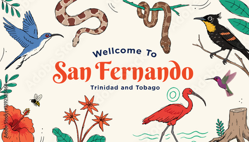Welcome to San Fernando, Trinidad and Tobago. Vibrant tropical illustration with birds, snake, insects, and flowers.