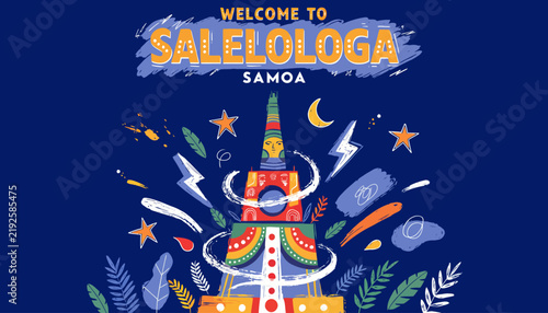 Welcome to Salelologa Samoa: Vibrant Cultural Illustration with Traditional Elements and Tropical Motifs