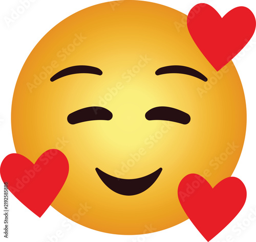 Foto Smiling face with hearts emoji, In love face emoji with closed smiling eyes, rosy cheeks, and floating red hearts, yellow round emoticon expressing affection and adoration
