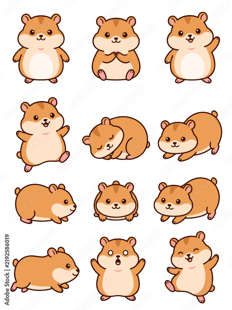 Obraz premium Adorable hamster vector illustration set featuring cute little rodents in various playful poses for digital creative design and artistic projects
