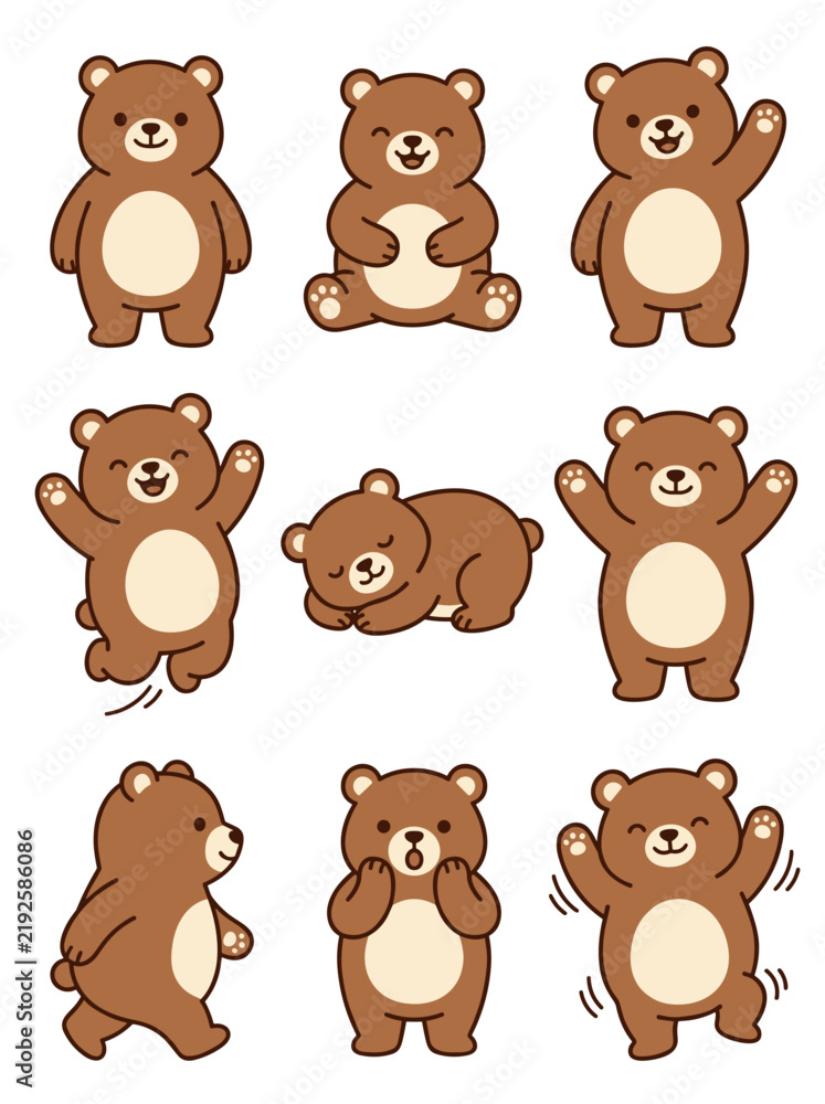 Fototapeta premium Adorable brown bear vector illustration set featuring cute cartoon characters performing various friendly actions for diverse creative graphic design projects