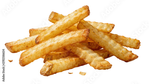 Golden brown crinkle cut french fries seasoned with spices, isolated on transparent background