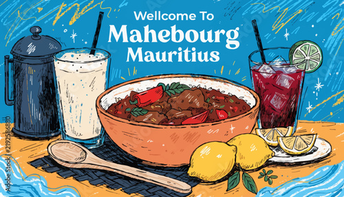 Welcome to Mahebourg Mauritius: Delicious Indian Ocean Cuisine & Drinks, Hand-Drawn Style