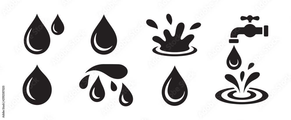 Obraz premium Water drop icons with faucet and splash symbols in flat black style for various creative design needs.