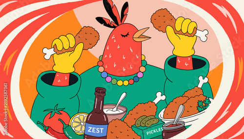 Whimsical Bird Character Enjoying Fried Chicken Feast with Condiments and Colorful Spiral Background