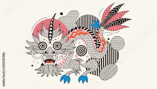 Whimsical Dragon Illustration with Abstract Patterns and Bold Colors - Asian Mythology Inspired