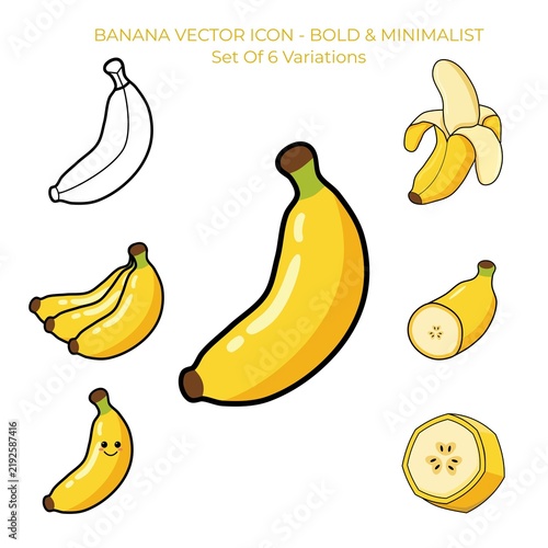 Banana vector icon set, bold line minimalist flat style, banana variations whole, peeled, bunch, slice, kawaii character and outline artboard.