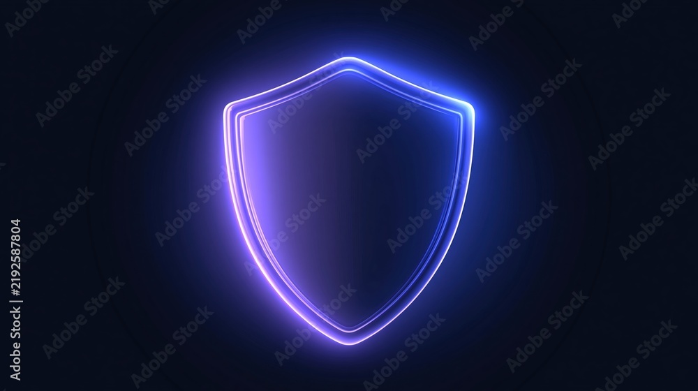 Fototapeta premium Glowing blue neon shield icon on dark background