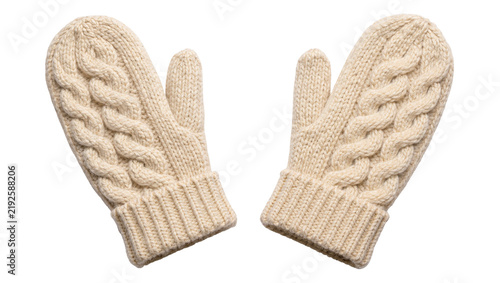 Obraz na plátně Cream cable knit mittens with ribbed cuffs, isolated on transparent background