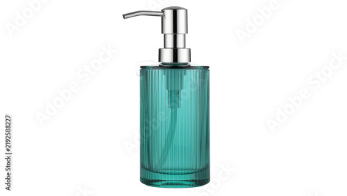 Cuadro en lienzo Turquoise ribbed glass soap dispenser with chrome pump, isolated on transparent