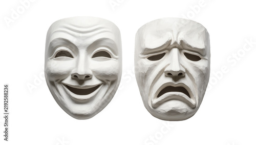 Comedy and tragedy theater masks white plaster, isolated on transparent background