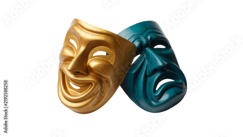 Quadro su tela Golden comedy and teal tragedy theater masks, isolated on transparent background