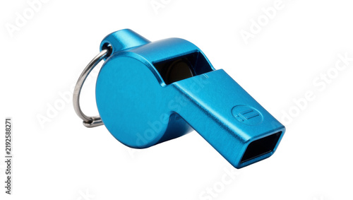 Foto Blue metal whistle with silver keyring, isolated on transparent background