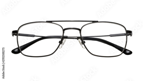 Modern aviator eyeglasses with thin black metal frame, isolated on transparent background