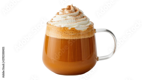 Warm pumpkin spice latte with whipped cream and cinnamon, isolated on transparent background