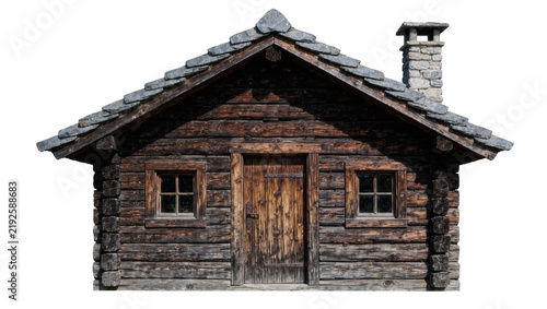 Konstfotografi Rustic wooden log cabin with stone chimney and slate roof, isolated on transpare