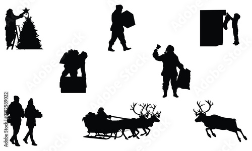 Black silhouette collection featuring santa claus festive scenes christmas tree reindeer sledge gift boxes and holiday decor.