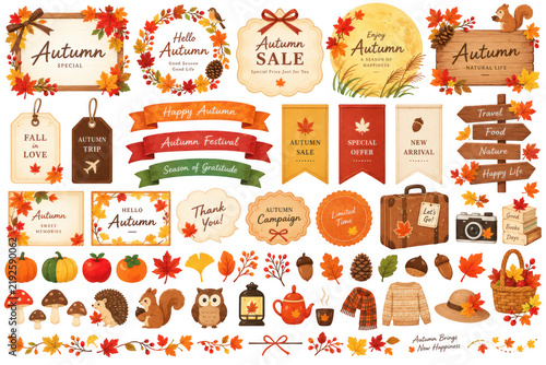 Decorative elements celebrating Mid Autumn Festival with autumn leaves and seasonal motifs isolated on transparent background