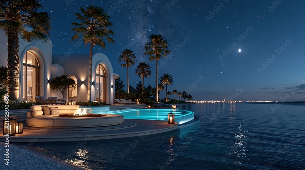 Obraz premium Luxury modern villa infinity pool at night with