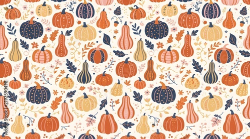 Seamless autumn pattern with colorful pumpkins and gourds for seasonal backgrounds