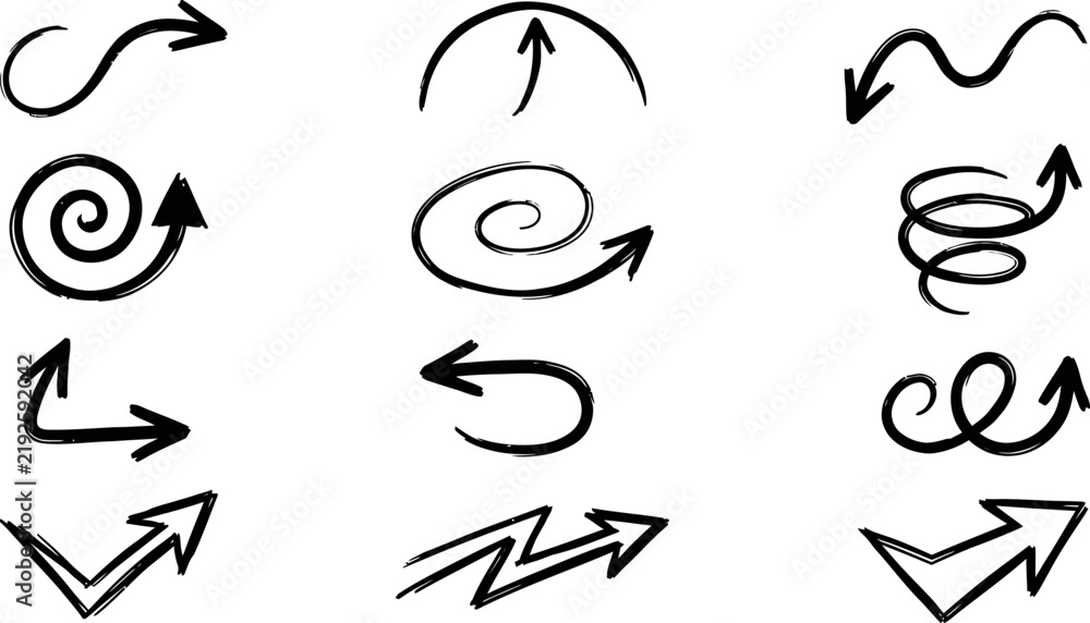 Fototapeta premium Collection of hand drawn black and white arrow and spiral direction indicators