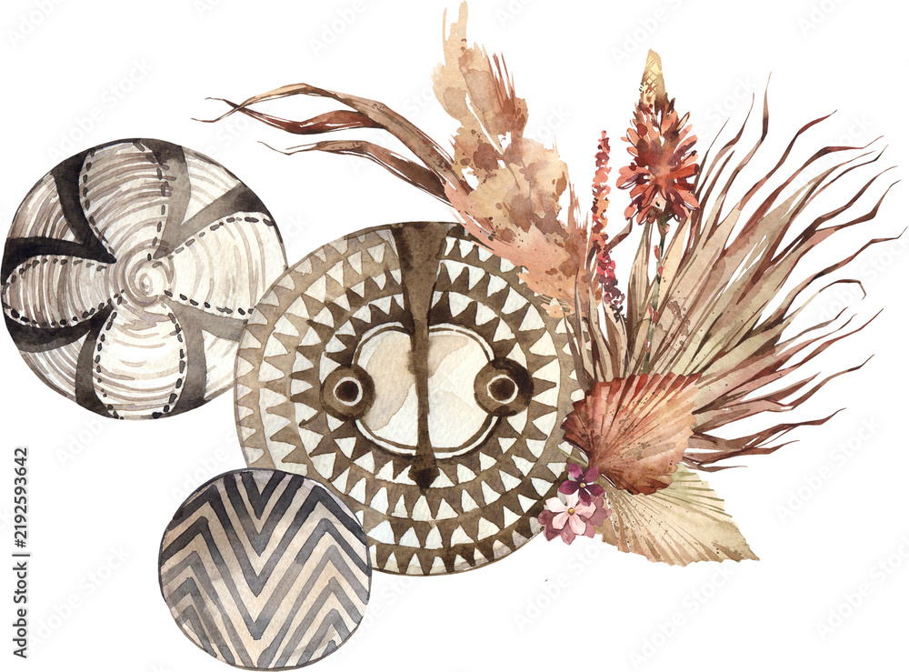 Obraz premium Watercolor tribal patterned decorative plates with dried boho botanicals