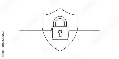 Obraz na płótnie Continuous single line drawing of a shield with a padlock inside representing da