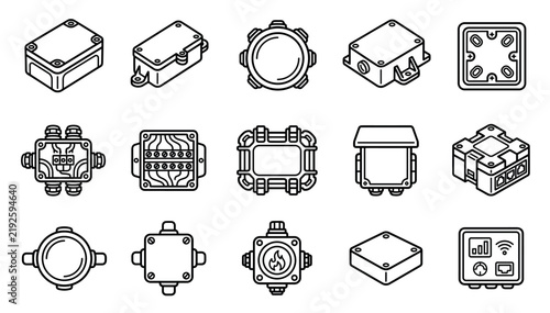 Collection of electrical junction box icons in a minimalist line art style, showing various shapes and configurations for wiring, industrial power, and smart home systems