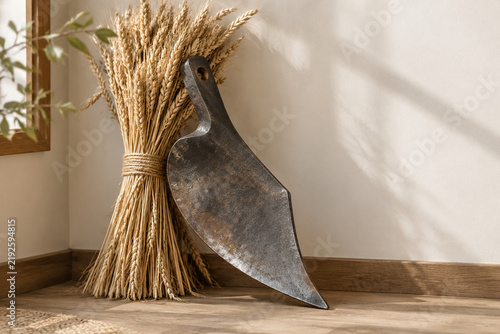 Reforged metal blade shaped into plowshare against dried wheat, peace and farming concept