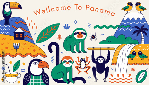 Welcome to Panama illustration with tropical animals and landmarks