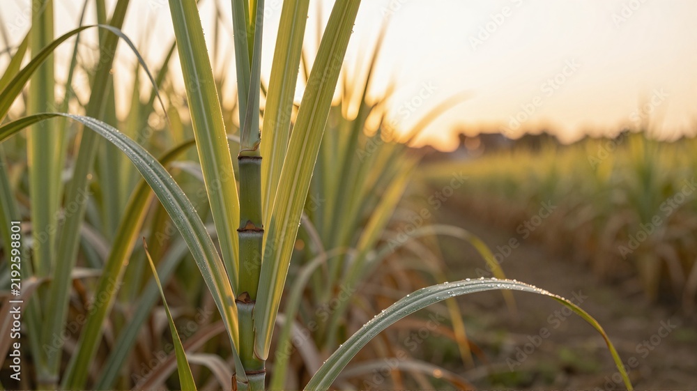 Obraz premium Fresh sugarcane plantation glistening with morning dew at sunrise