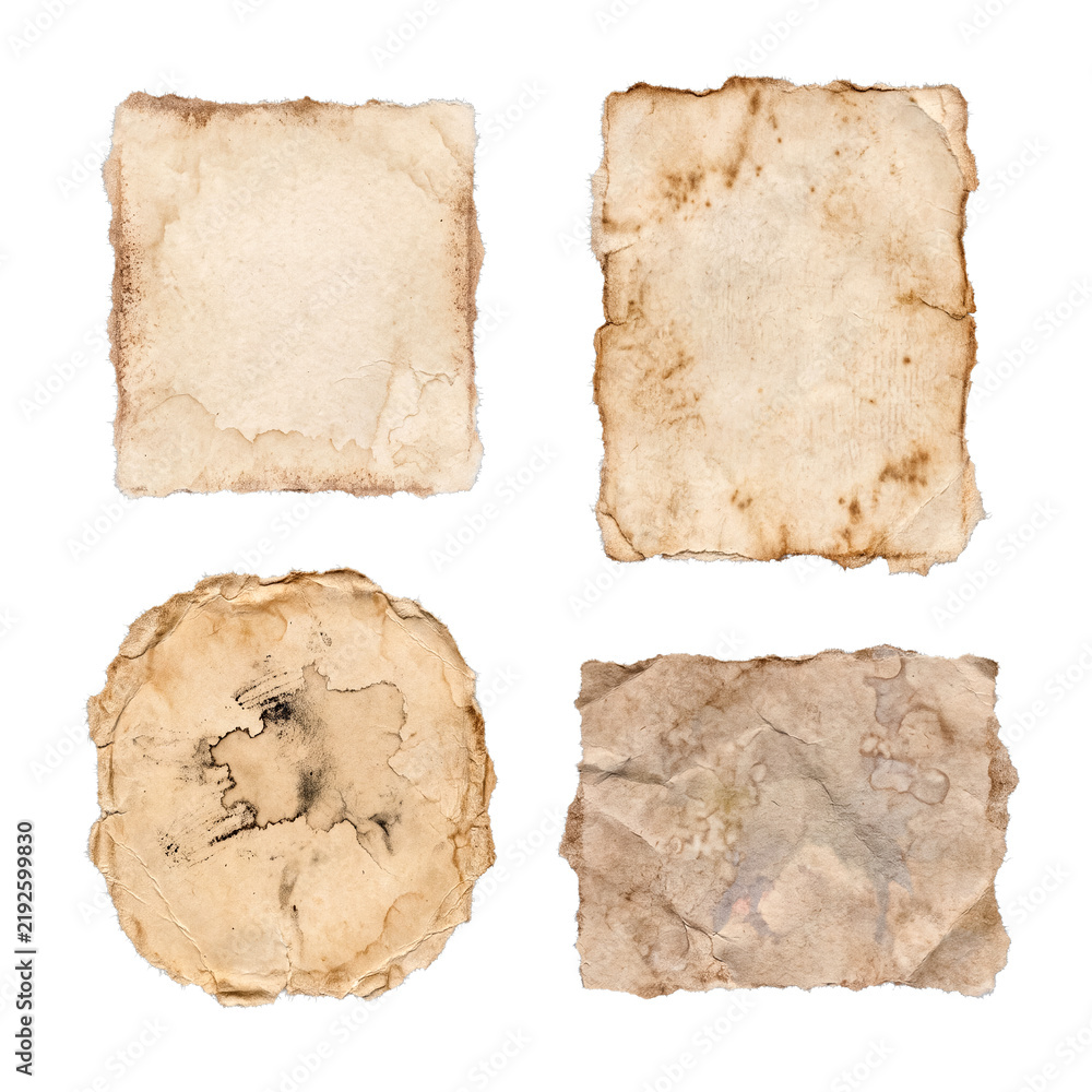 Fototapeta premium Four aged vintage paper pieces with distressed textures and torn edges
