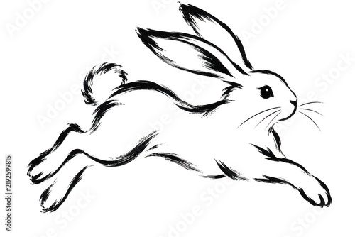 Ink brush rabbit leaping during Mid Autumn Festival celebrations with soft ambient light isolated on transparent background