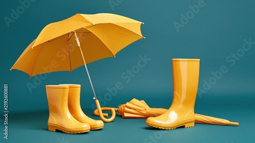 Yellow rubber boots and umbrella on teal background with water droplets