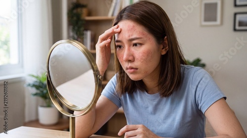 Worried Asian Young Woman Looking in Mirror Checking Acne Problem and Skin Inflammation on Face at Home