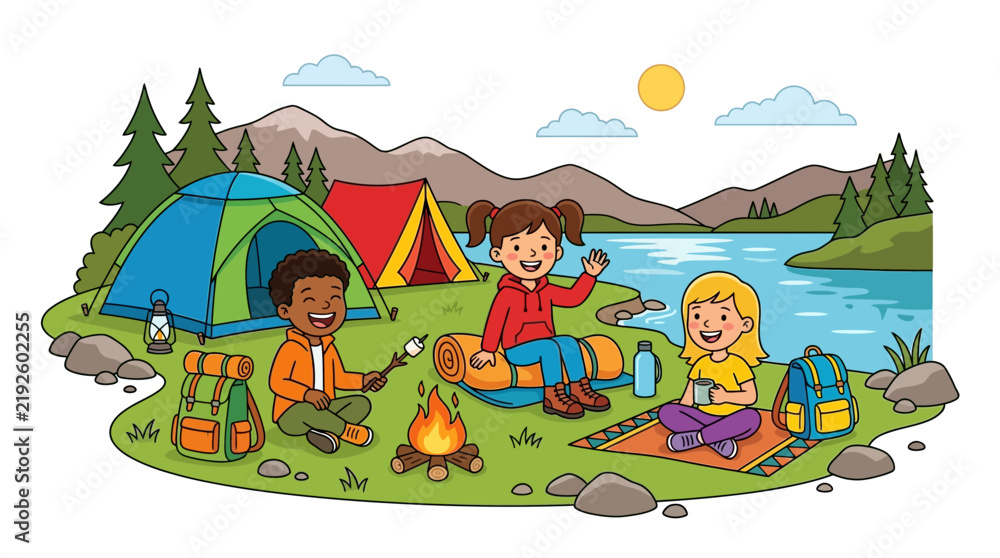 Fototapeta premium Children camping by lake with tents and campfire