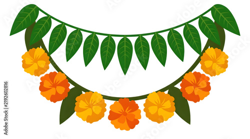 Traditional Indian marigold flower garland with mango leaves, festive floral toran for Diwali and wedding decoration, orange and yellow blossom bunting